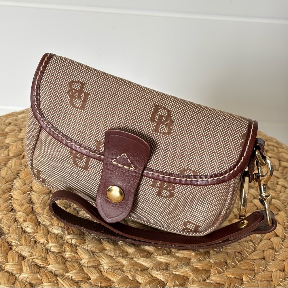 Vintage Dooney & Bourke Monogram Wristlet Pouch Bag Brown Canvas and Leather